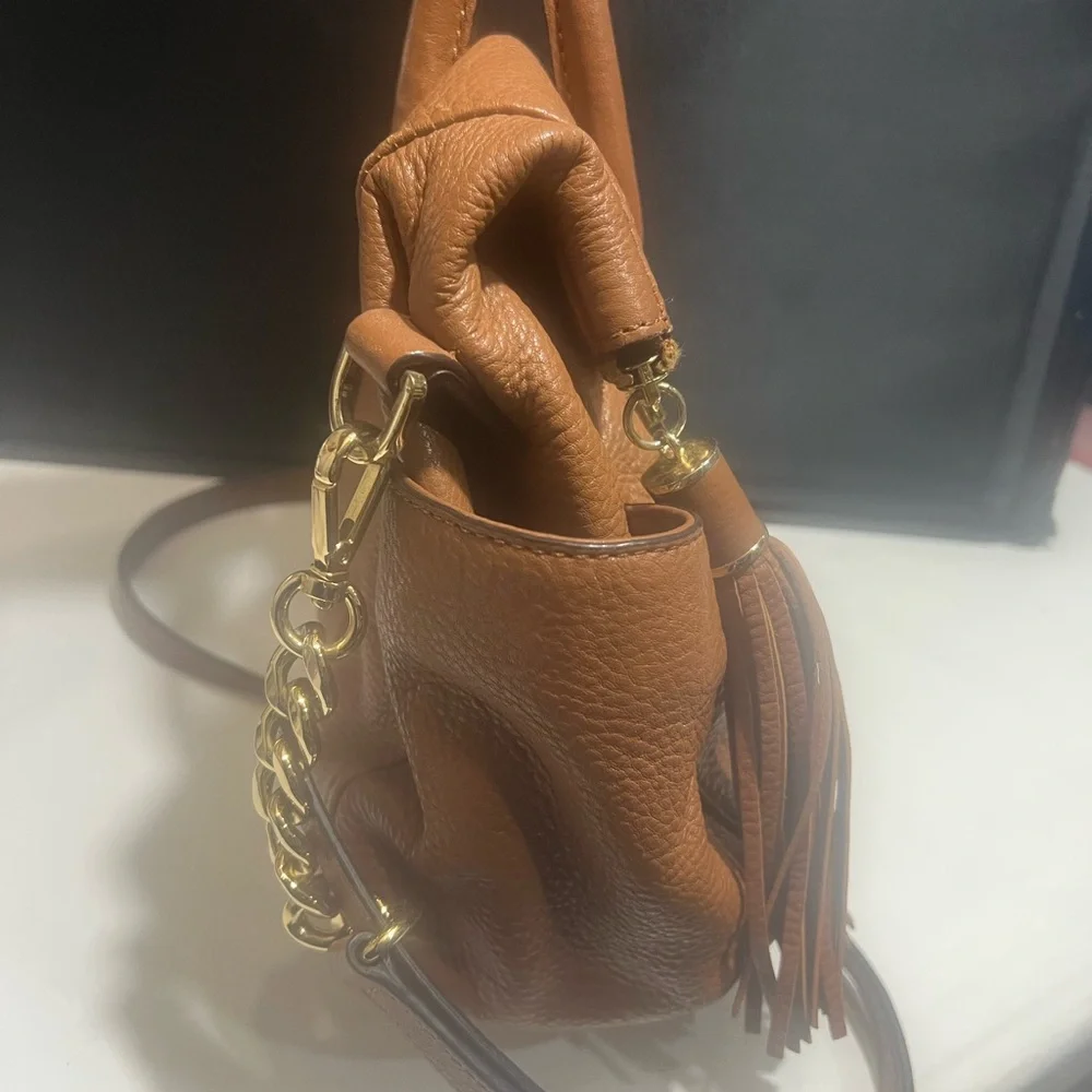 Michael Kors Cognac Pebbled Leather Fold Over Satchel with Tassel - Picture 4 of 8